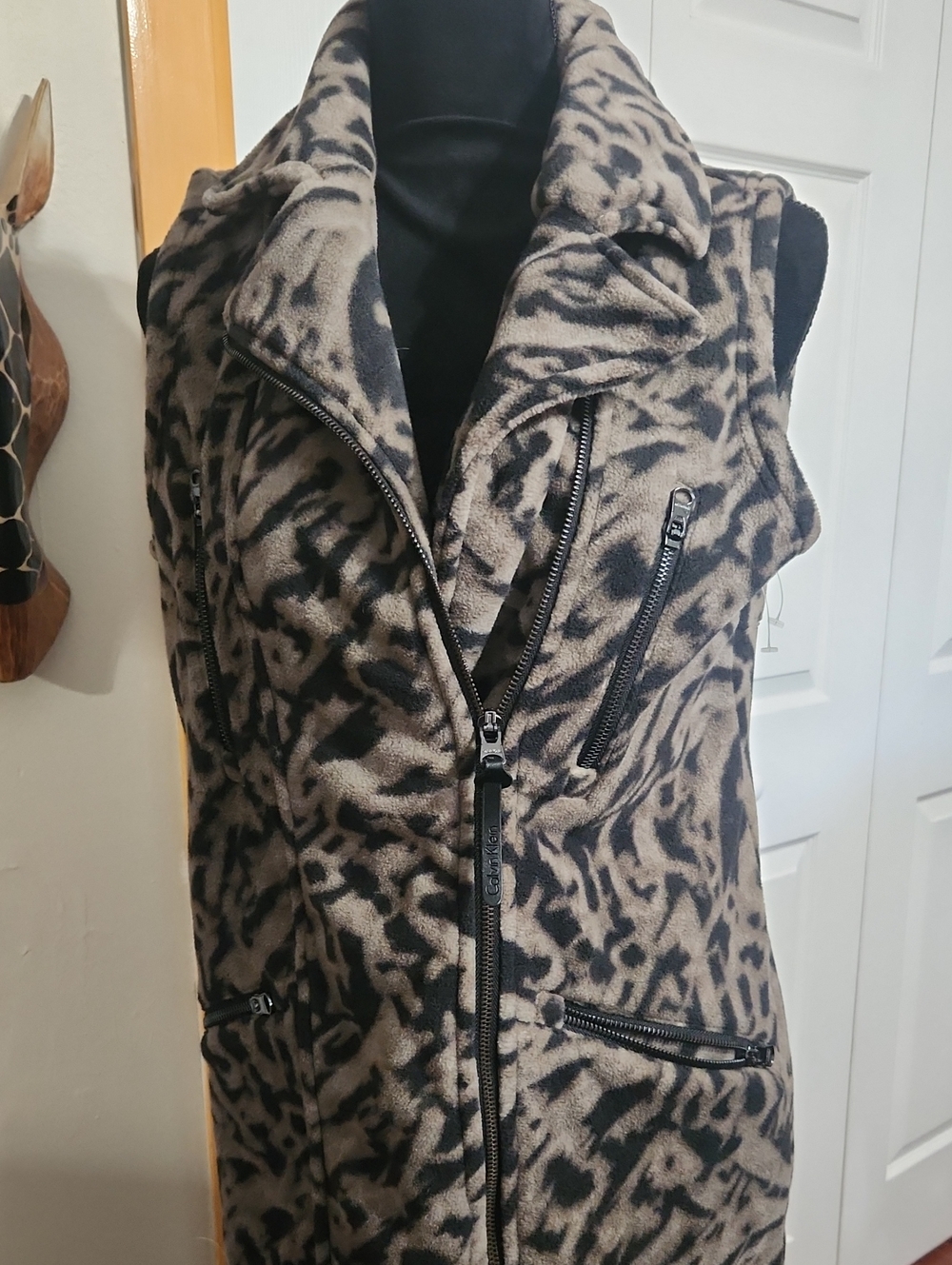Calvin Klein Taupe & Black Leopard Print Faux-Fur Vest